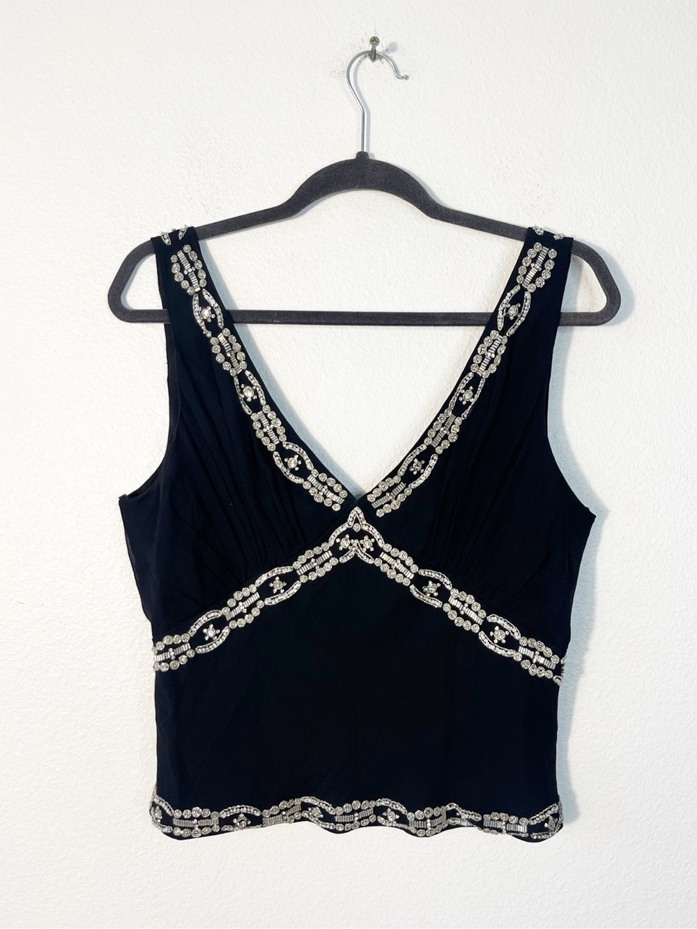 Y2K Basix II Black Silk V-Neck Beaded Rhinestone Top Grunge Size 10 Sleeveless